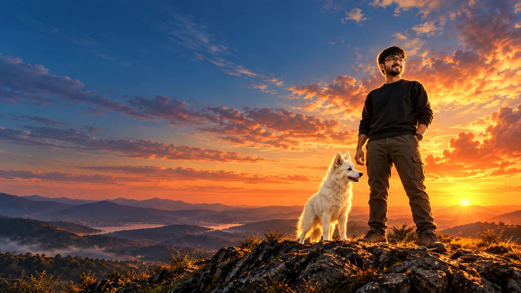 Nandip Vaghasiya and his dog on a ridge at sunset, looking out over a valley