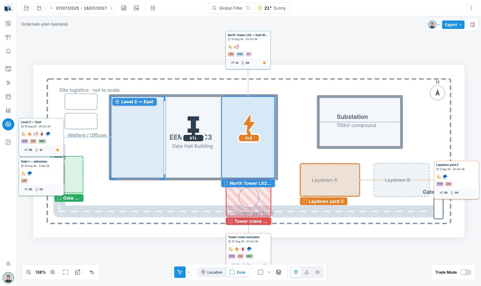 DABs SiteBoard prototype with a site plan, zones and live cards around the drawing