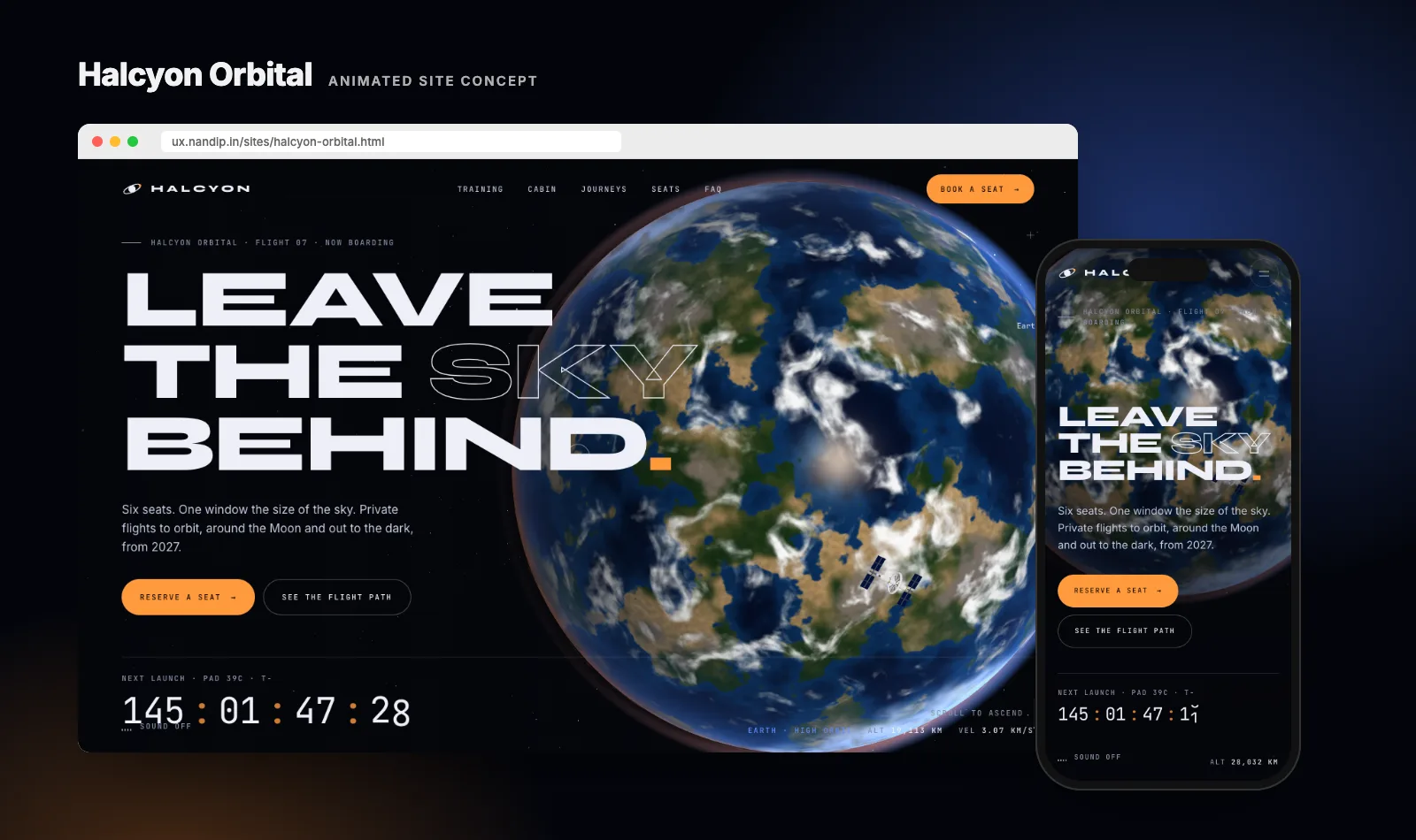 Halcyon Orbital concept site on desktop and phone: a 3D Earth beside the headline Leave the sky behind and a launch countdown