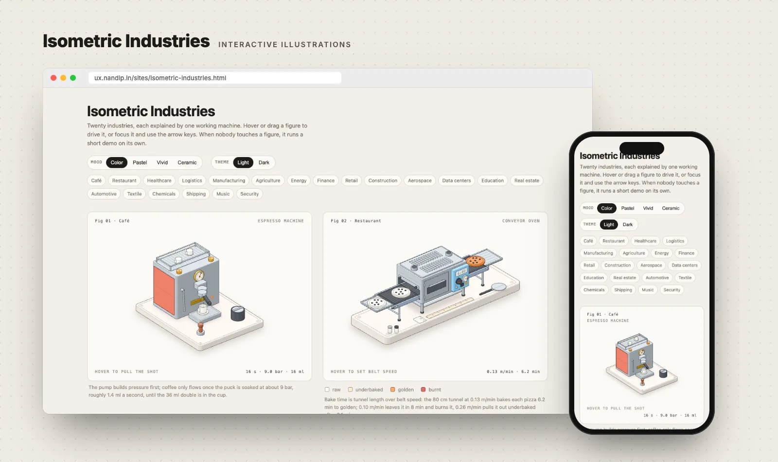 Isometric Industries on desktop and phone: a grid of isometric machine illustrations, an espresso machine and a conveyor oven, with mood and theme switches above