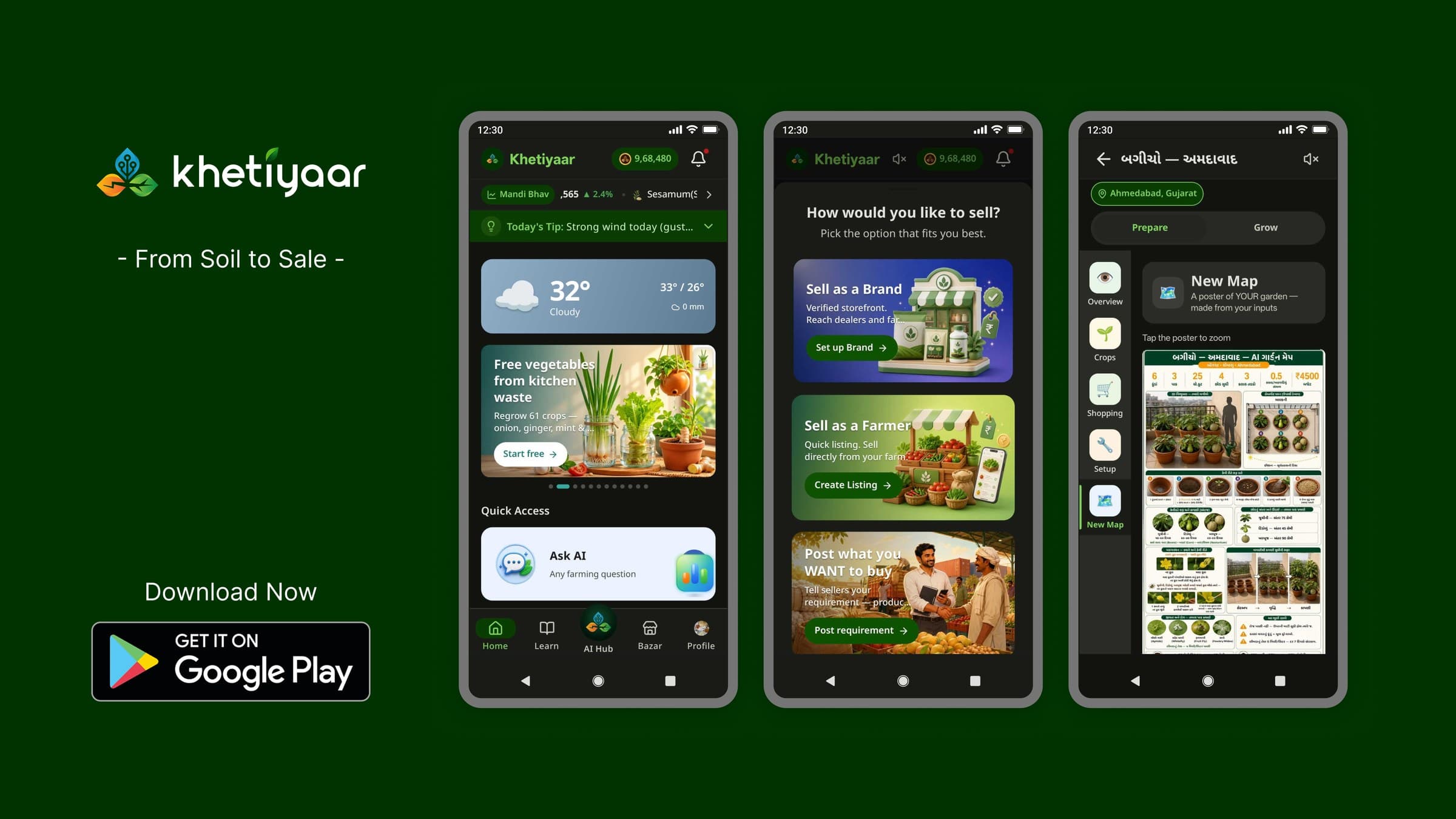 Khetiyaar banner. The logo, the tagline From Soil to Sale, a Google Play download badge, and three Android screens showing the home feed with weather and mandi rates, the selling options, and a garden map.