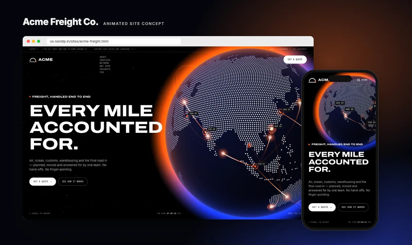 Acme Freight concept site on desktop and phone: a dotted globe glowing orange and blue with freight routes across Asia, beside the headline Every mile accounted for