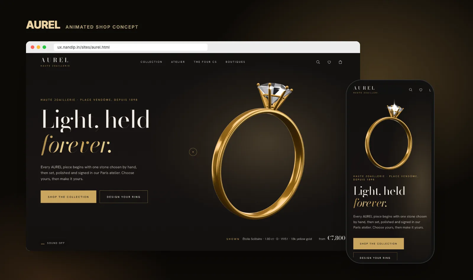 AUREL concept shop on desktop and phone: a 3D gold solitaire ring with a diamond, beside the headline Light, held forever