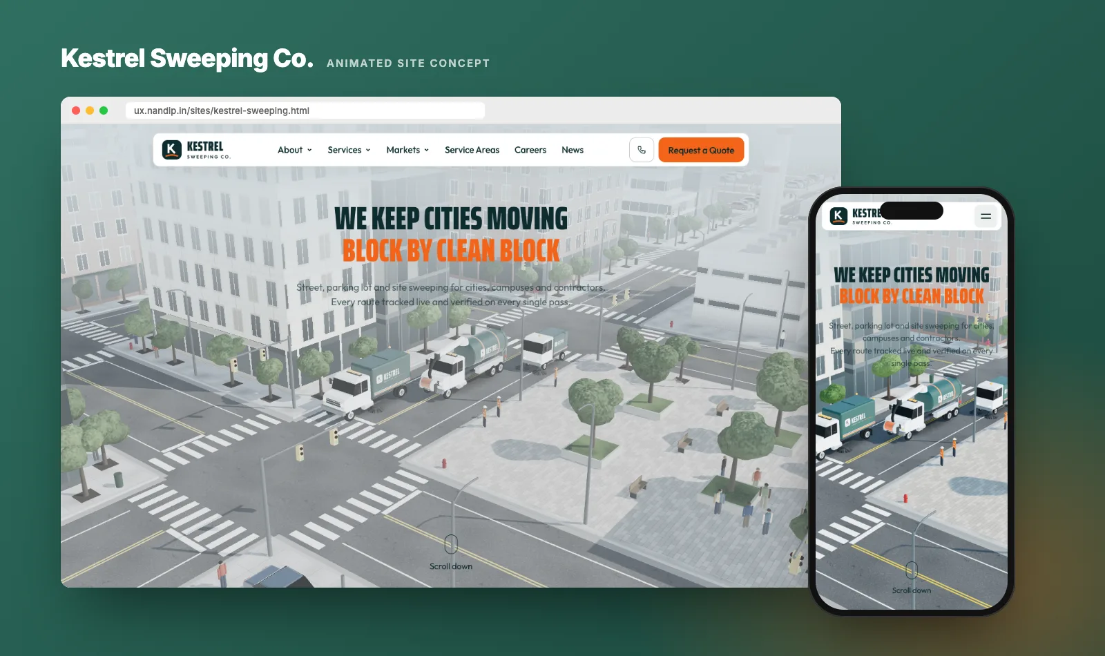 Kestrel Sweeping concept site on desktop and phone: an isometric 3D crossroads with green and white sweeper trucks, under the headline We keep cities moving, block by clean block