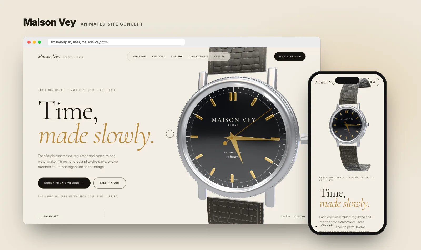 Maison Vey concept site on desktop and phone: a 3D steel watch with a black and gold dial, beside the headline Time, made slowly