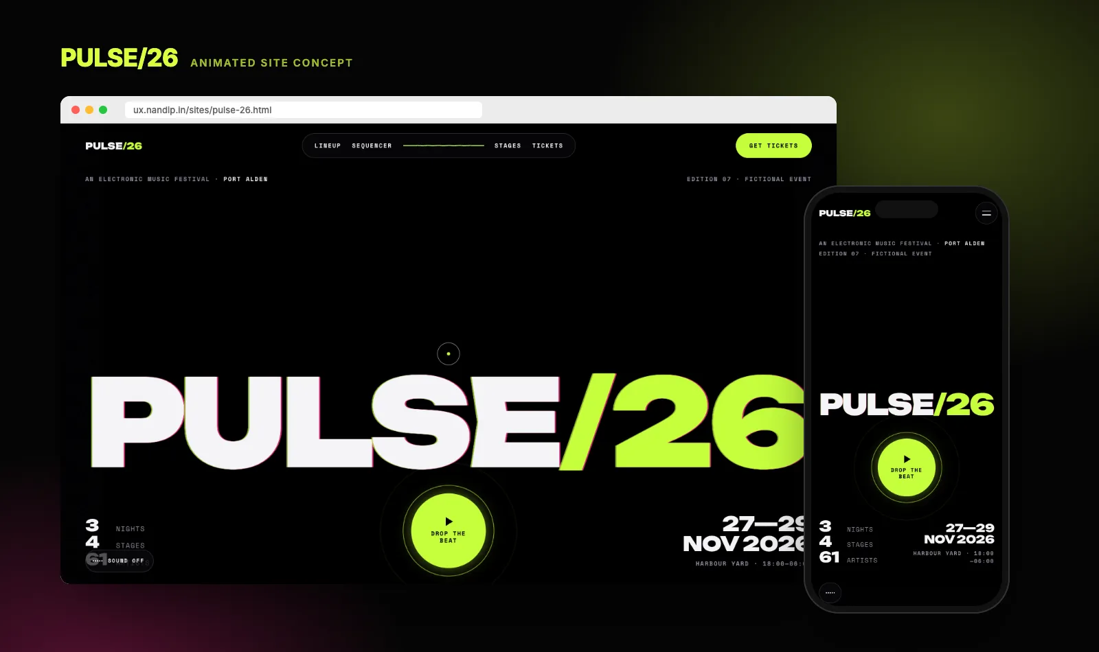 PULSE/26 concept site on desktop and phone: the festival name in giant white and acid green type on black, with a Drop the beat button and the dates 27 to 29 November 2026