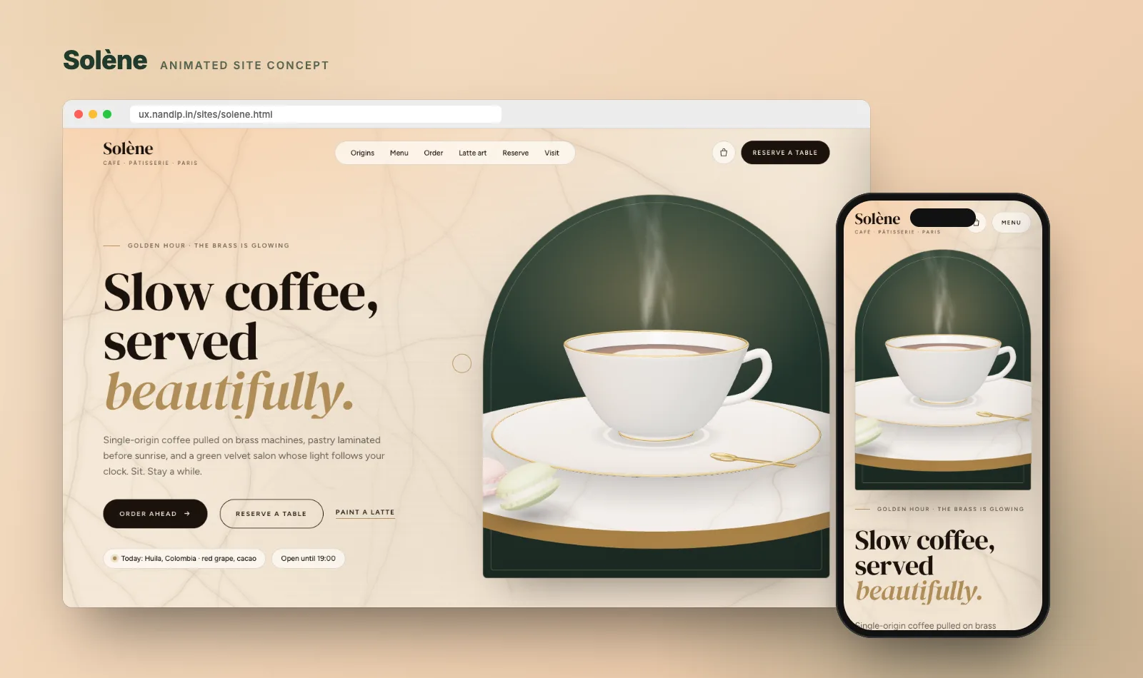 Solène concept site on desktop and phone: a 3D white coffee cup steaming inside a green velvet arch, beside the headline Slow coffee, served beautifully