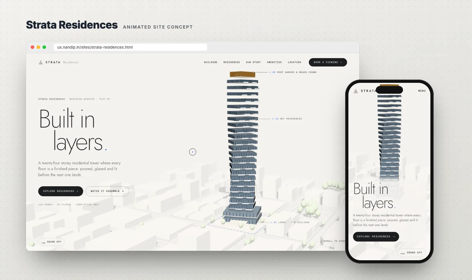 Strata Residences concept site on desktop and phone: a 3D residential tower rising over a pale city model, beside the headline Built in layers