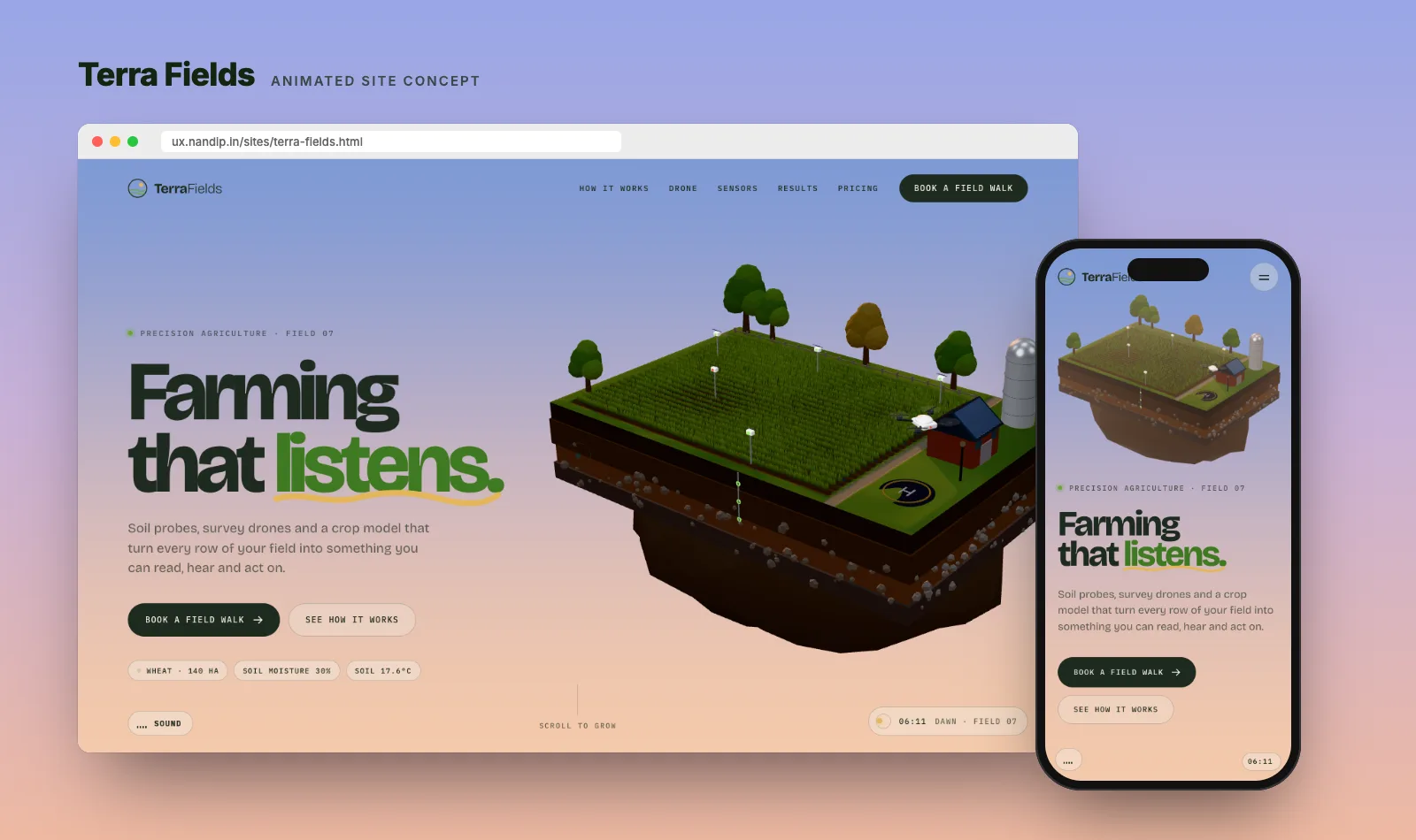 Terra Fields concept site on desktop and phone: a floating 3D slice of farmland with trees, a barn and a silo, beside the headline Farming that listens