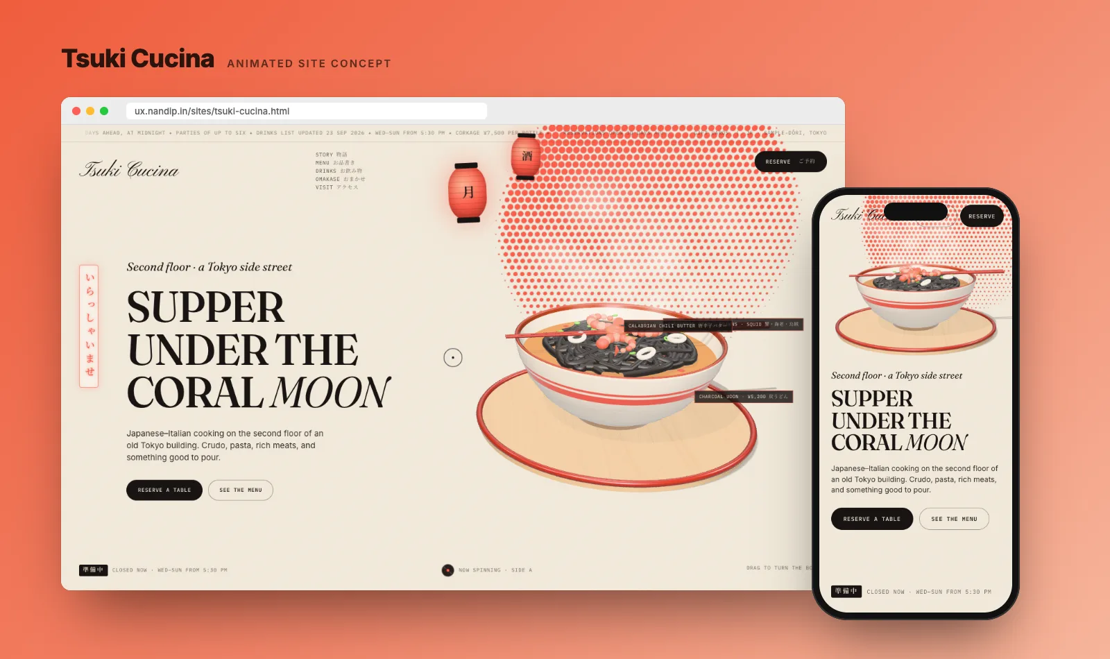 Tsuki Cucina concept site on desktop and phone: a 3D bowl of charcoal udon under a coral halftone moon, beside the headline Supper under the coral moon