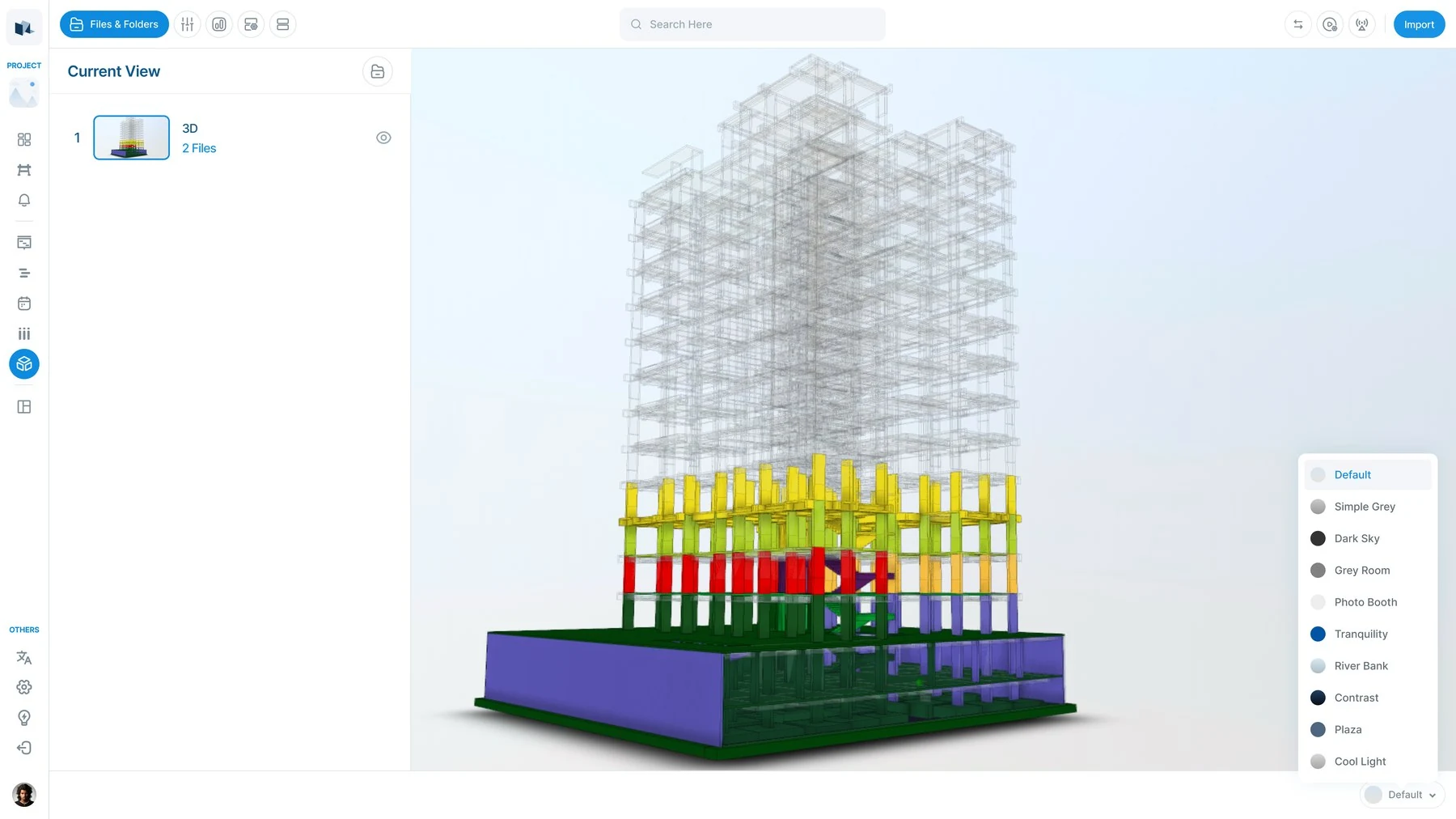 The viewer with a structural model open, coloured by storey