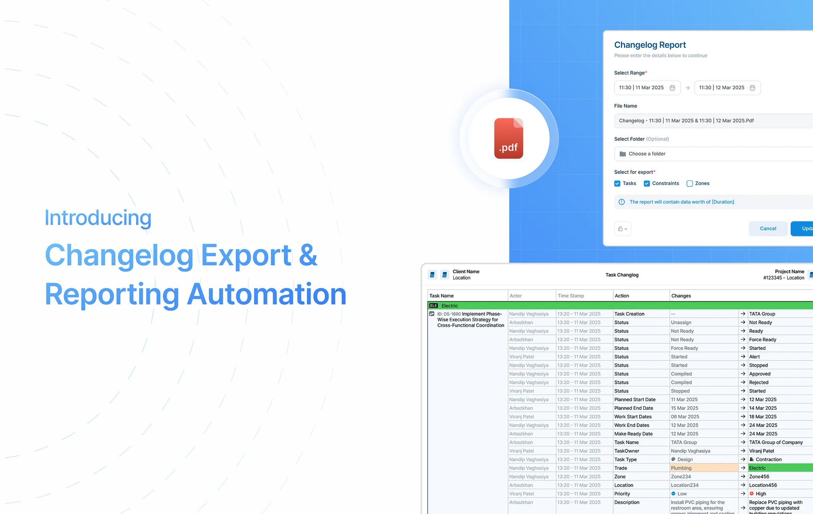 Title slide for Changelog Export and Reporting Automation, with the report form and a sample task changelog