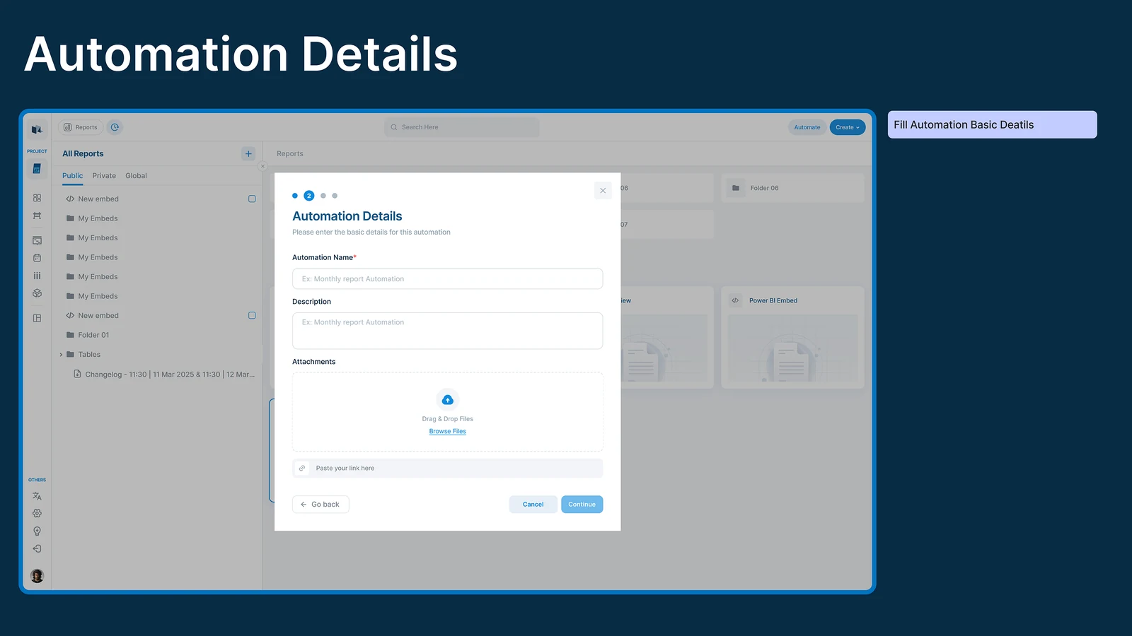 Step 2 of the automation, Automation Details, with fields for a name, a description and attachments