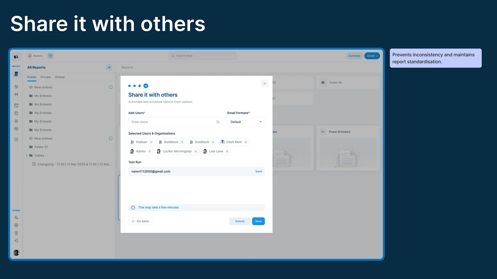 Step 4, Share it with others, adding users and organisations as recipients, choosing an email format and a test send