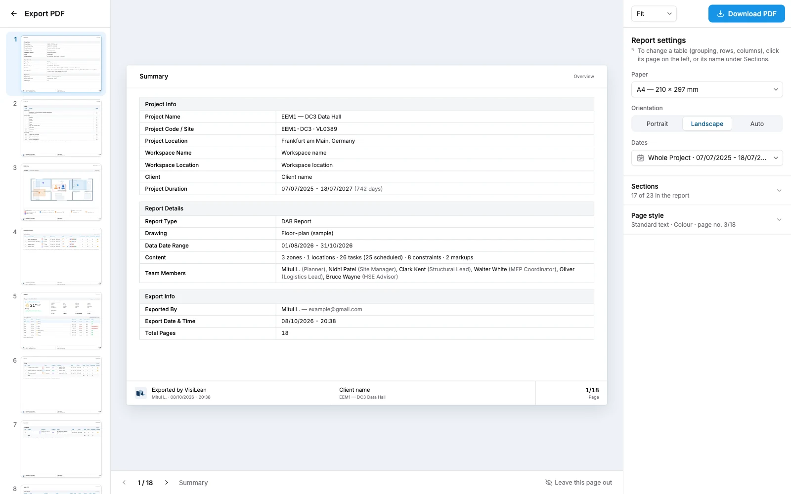 The export page: report settings on the right, an 18-page preview on the left, and the summary page in the middle