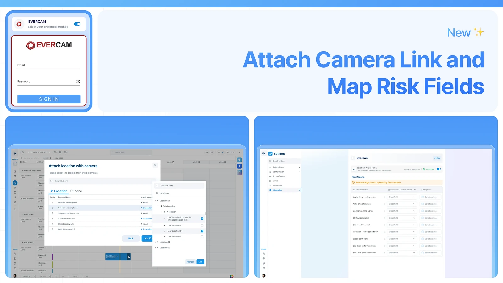 Title slide: Attach Camera Link and Map Risk Fields, beside Evercam sign-in, location linking and risk mapping