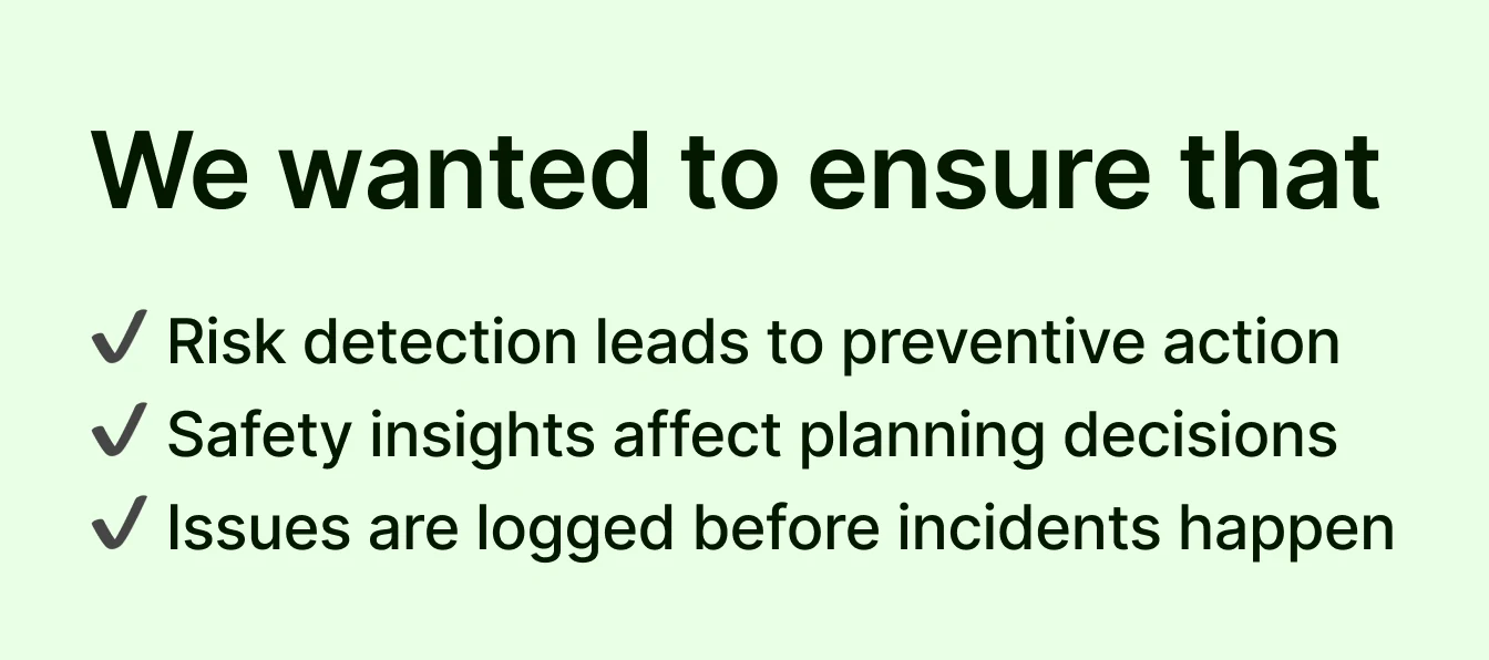 Slide listing the aims: risk detection leads to prevention, safety shapes planning, issues are logged before incidents