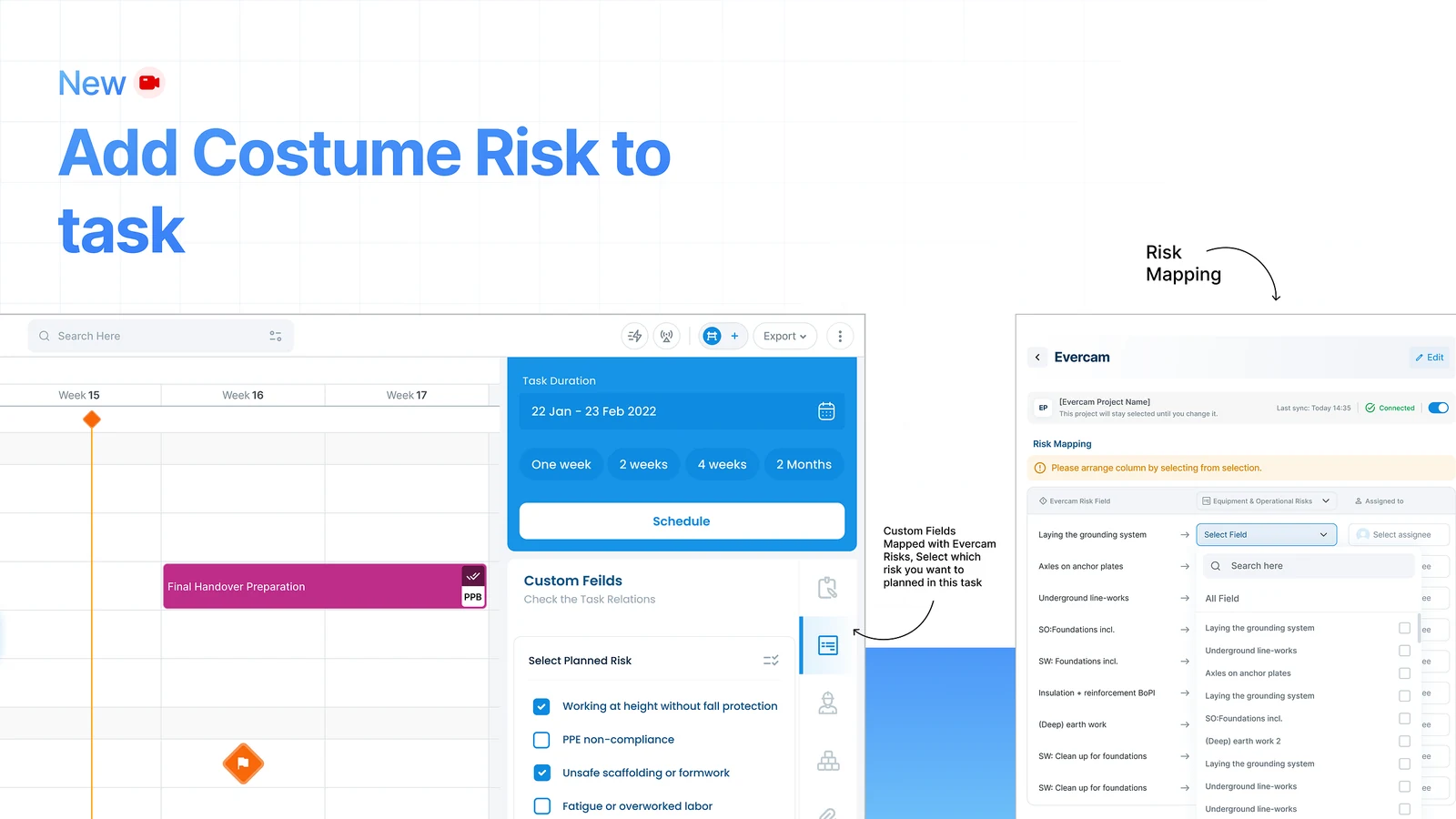 Adding a risk to a task by hand from a planned-risk checklist, with Evercam risk fields mapped in settings beside it