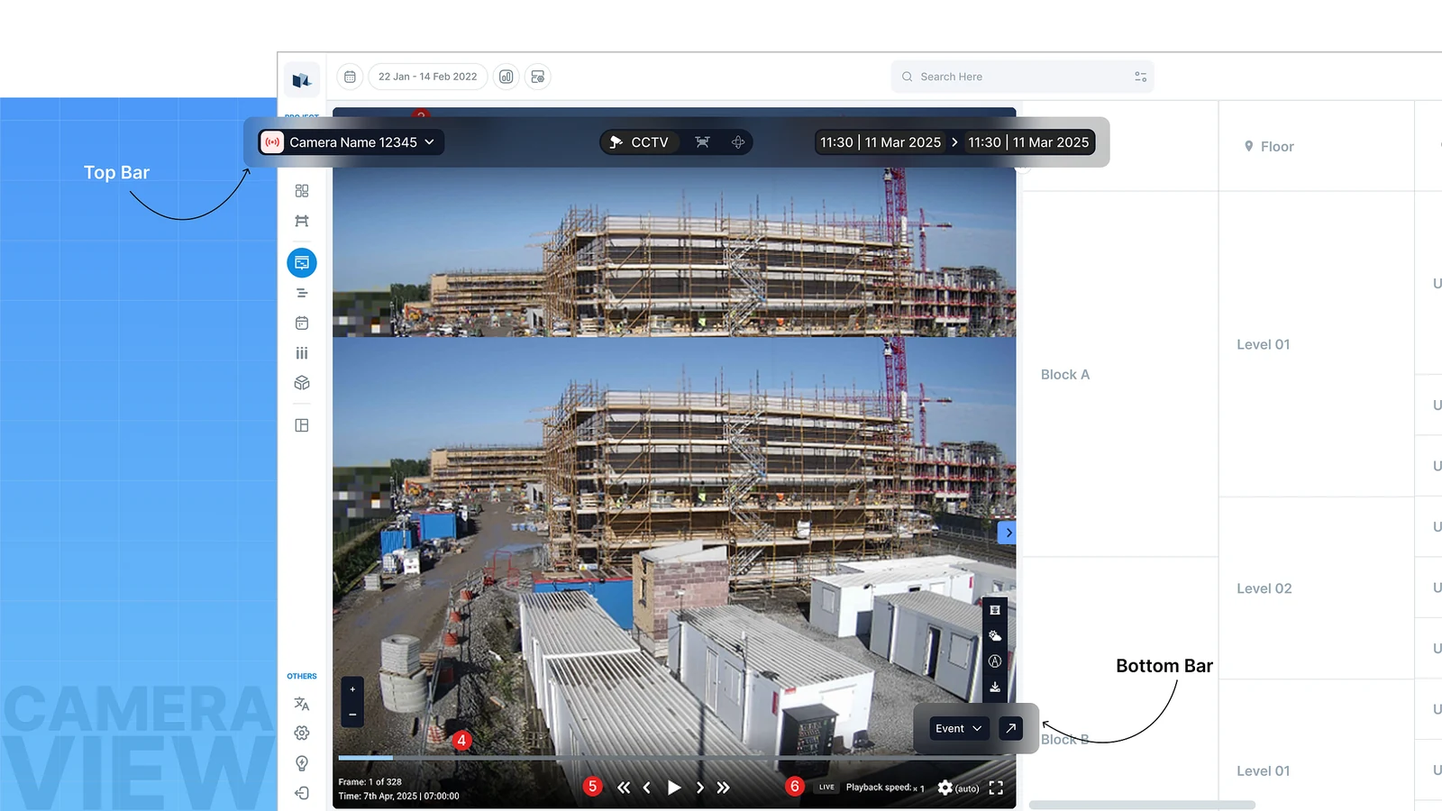 Camera view panel docked on the left over the plan, with camera, CCTV and date range above and playback controls below