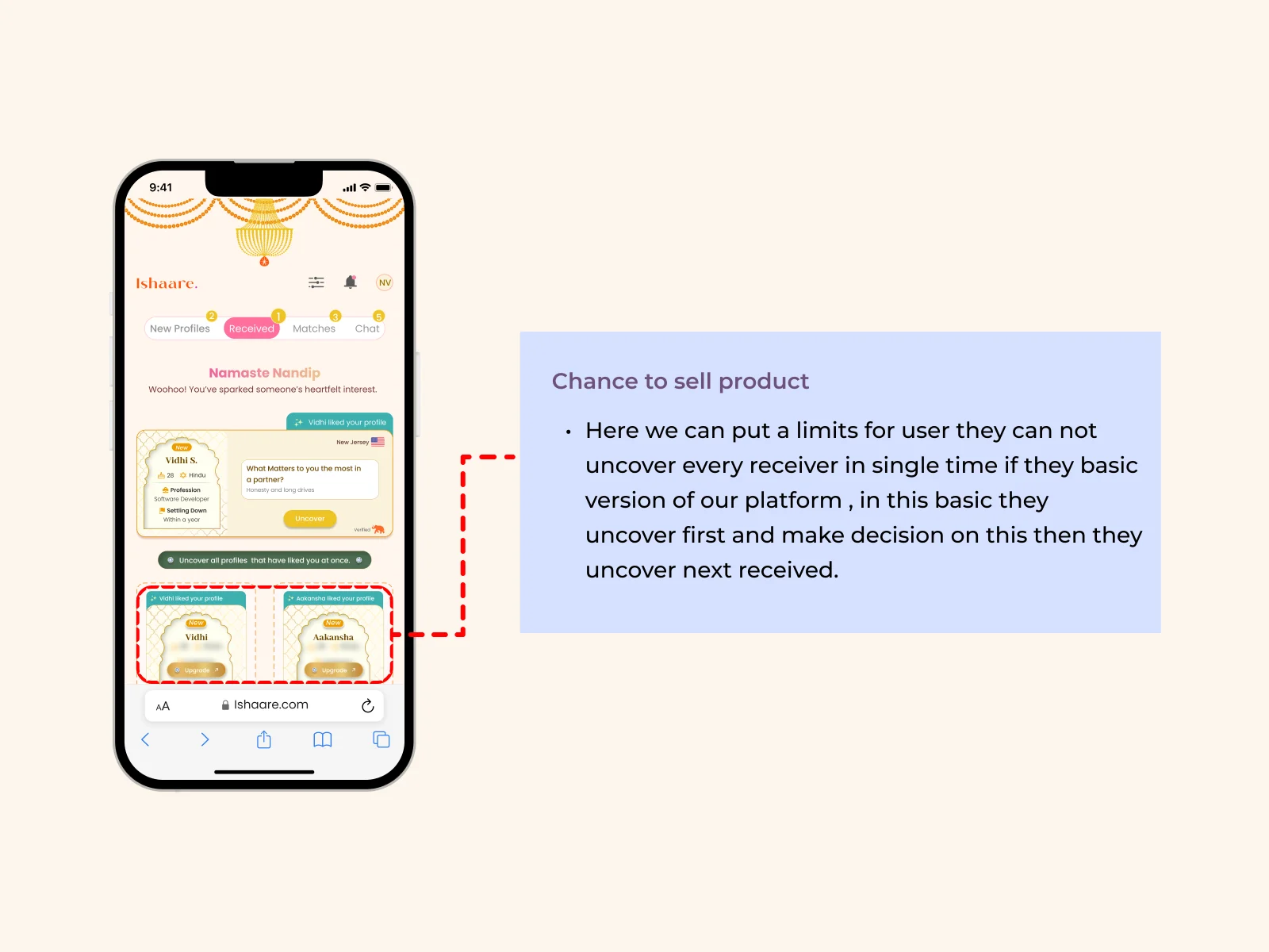 The Received tab: Vidhi liked your profile, with an Uncover all profiles that have liked you at once option and more profiles behind an upgrade