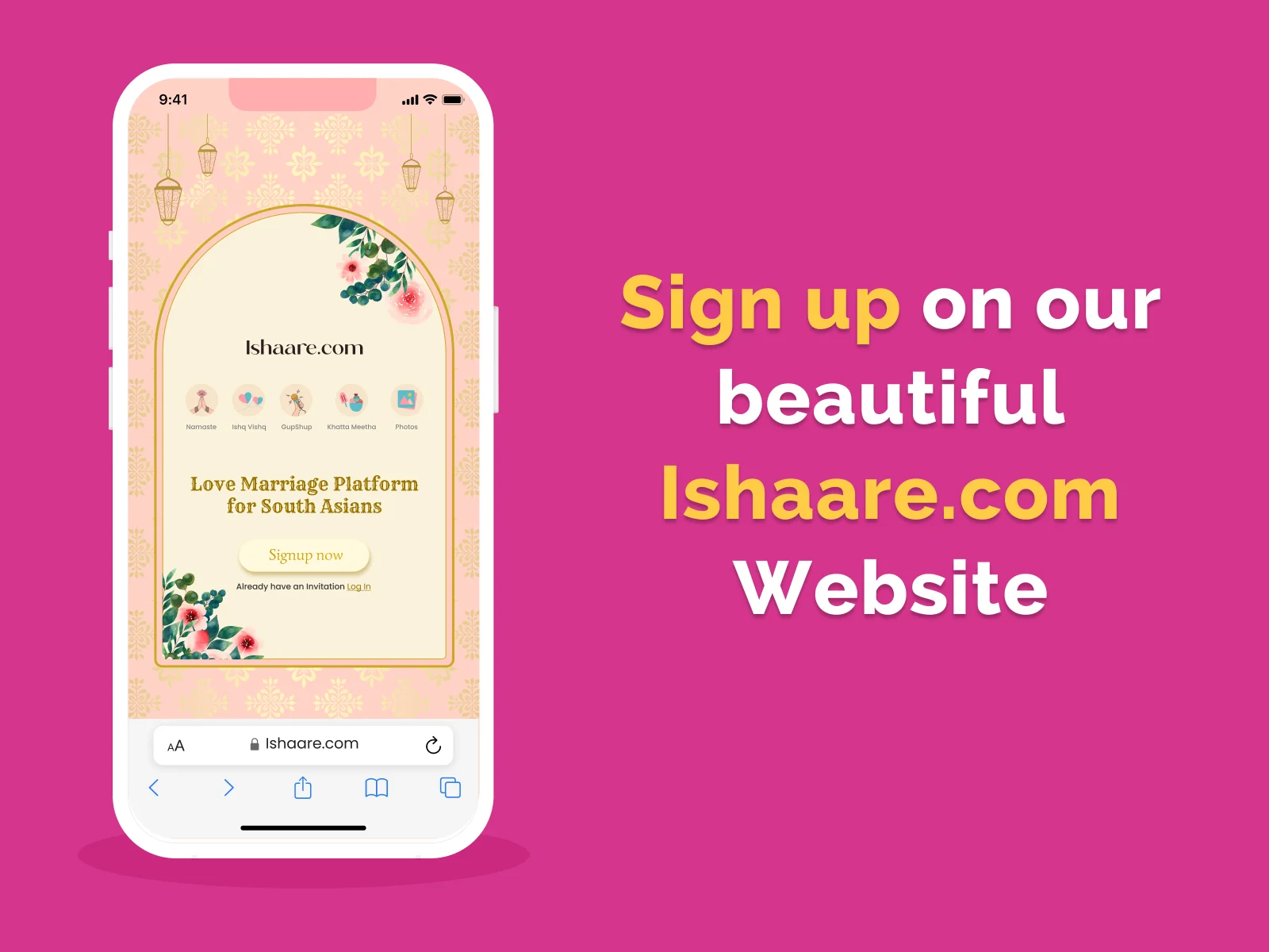The Ishaare.com sign up screen, Love Marriage Platform for South Asians, beside the line: Sign up on our beautiful Ishaare.com website