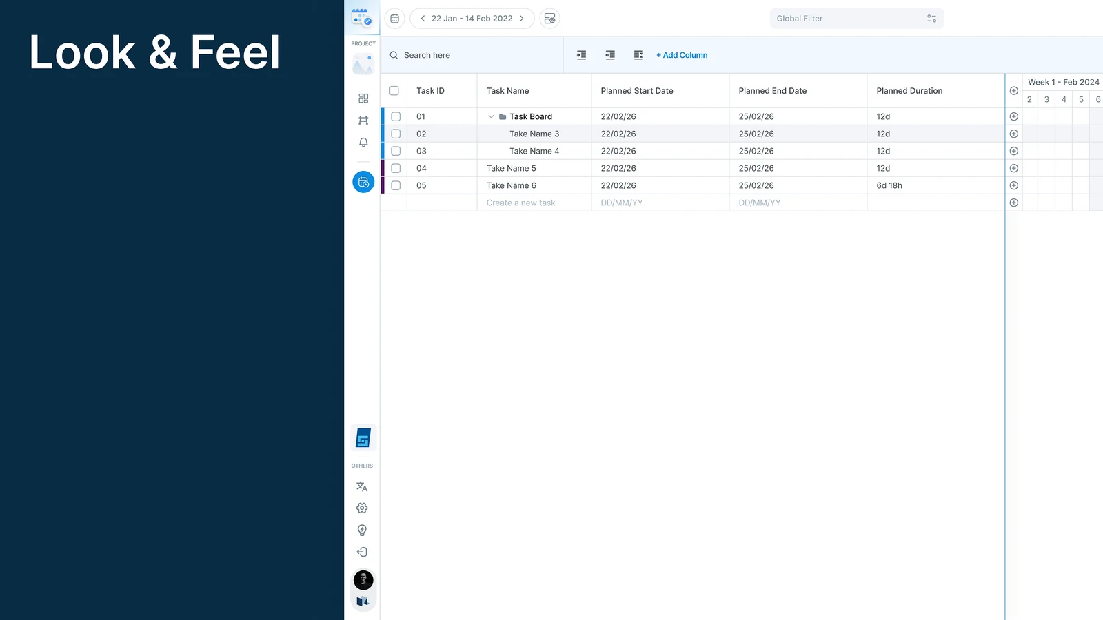 Planner open in its own tab, a task table and timeline with the Planner icon at the top of the sidebar