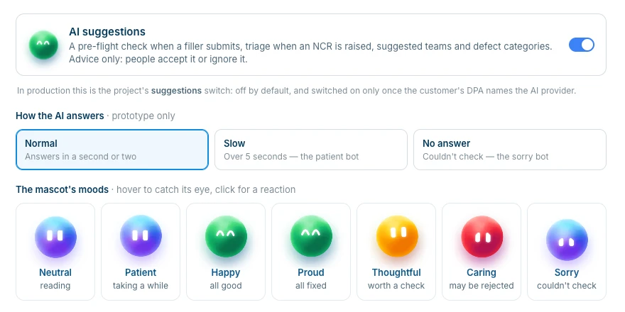 The AI Suggestions setting: advice only, off by default in production, with the mascot's moods from reading to could not check