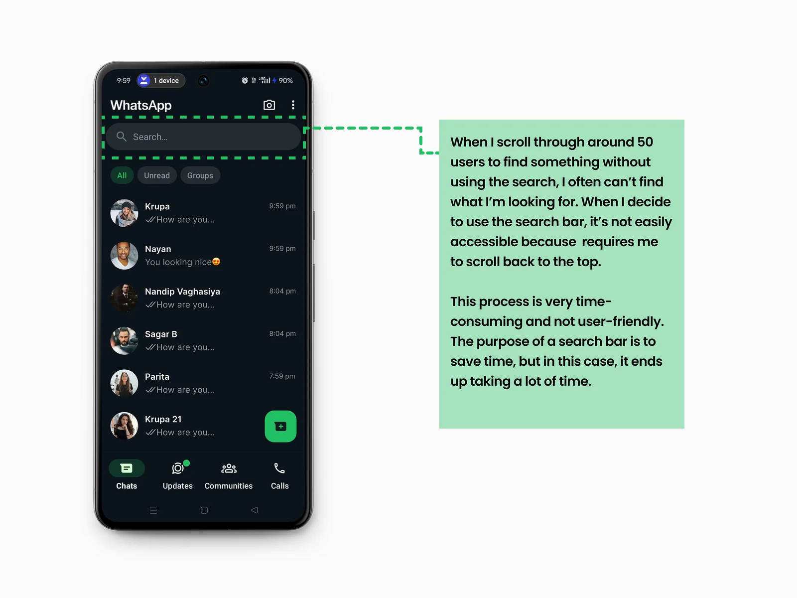 WhatsApp chat list with the search bar outlined at the top, beside a note on scrolling past 50 chats to find someone