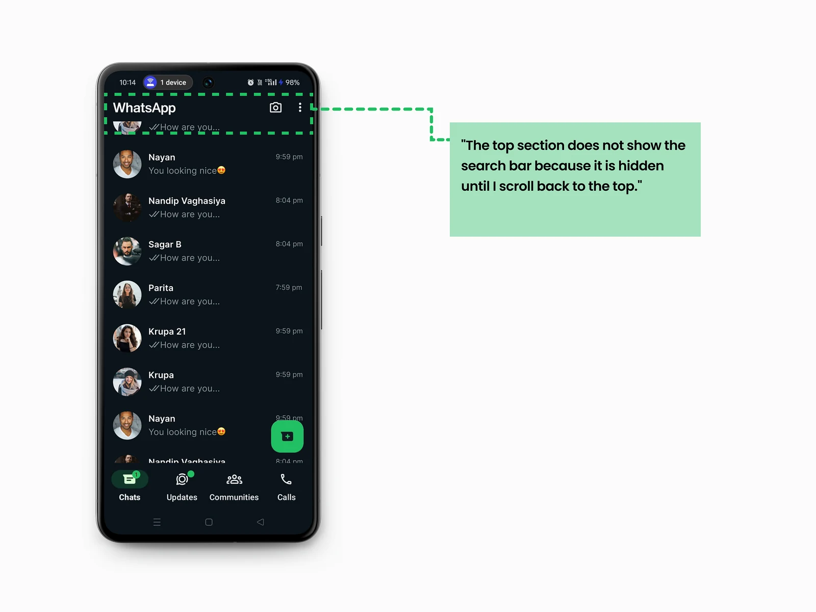 WhatsApp after scrolling: the header shows only the title and camera, and the search bar has scrolled out of view