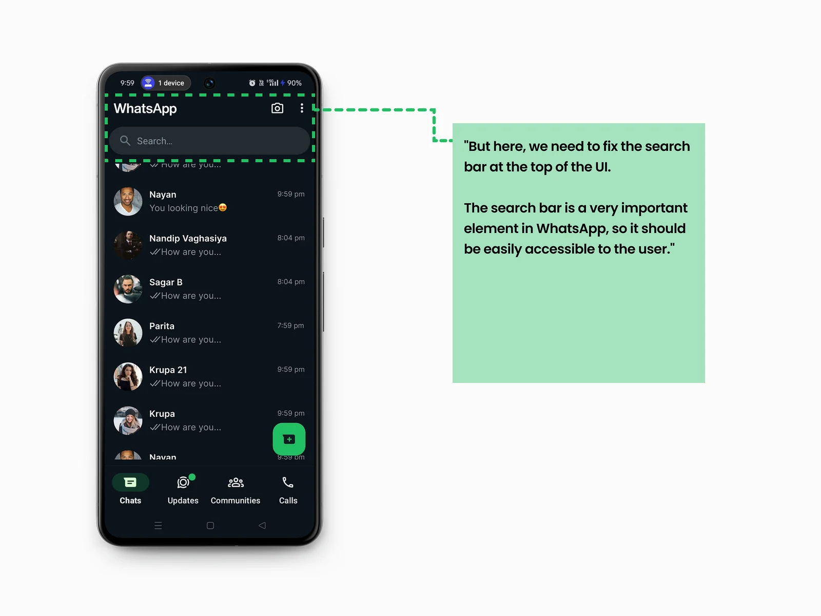 Proposed fix: the search bar pinned under the WhatsApp header while the chat list scrolls beneath it